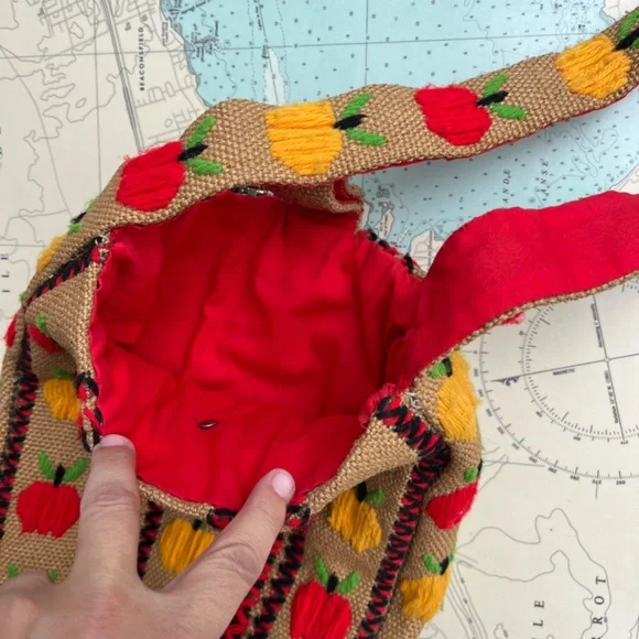 Vintage 60s Apple Embroidered Burlap Bag - Picture 3 of 5